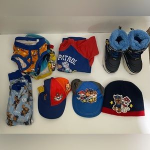 Used Toddler paw patrol lot size 8 boots, small and medium caps, a pair of pjs